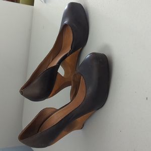 Anthropologie Schuler & Sons wood and leather wedge heels